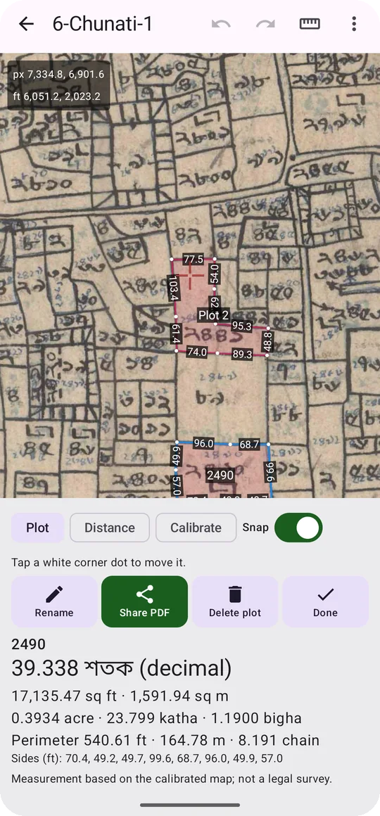 Mouza Plot measuring a plot on a Mouza map: 39.338 decimal, 23.799 katha