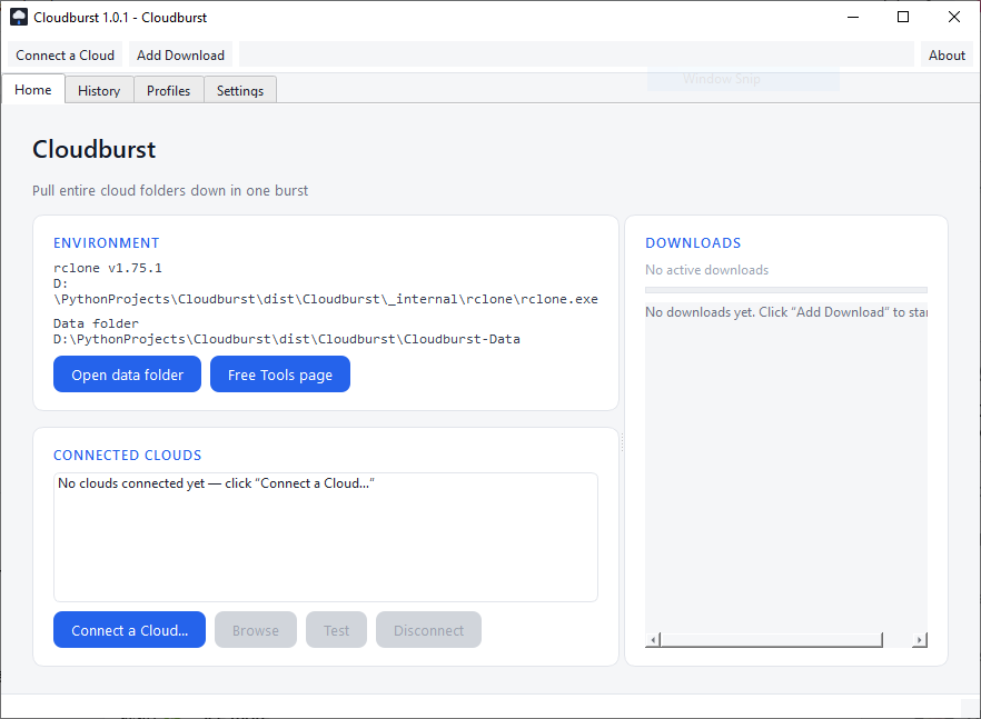 Cloudburst app screenshot showing the Home tab with Environment, Connected Clouds and Downloads panels